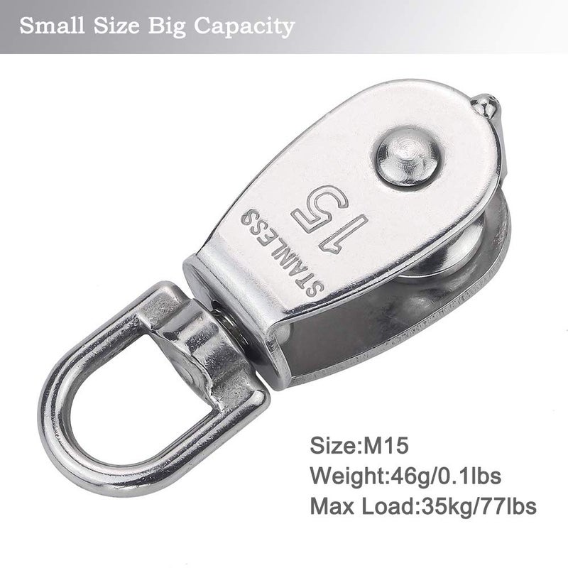 AUHOKY 12Pcs Single Pulley Block (M15), AUHOKY 304 Stainless Steel Hanging Wire Towing Wheel, Swivel Lifting Wire Rope Cable Pulley Roller, Max-Load 35kg/77lbs - Image 3